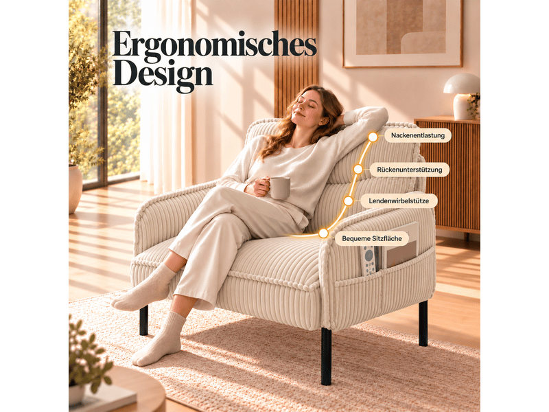  Fauteuil de salon - fauteuil 1 place en velours tricoté avec accoudoirs et poches latérales, petit fauteuil rembourré, beige  - Conforama D