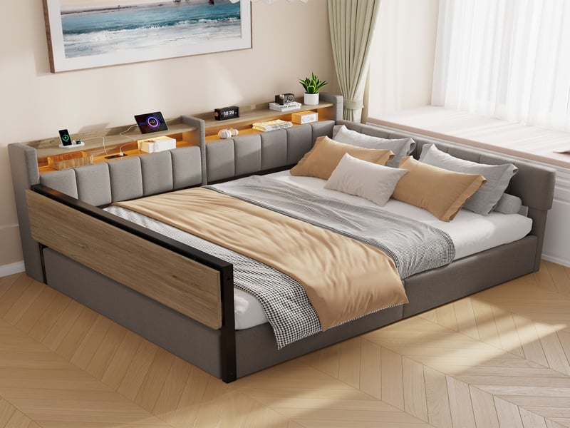 Lit enfant 140x200cm , coffre hydraulique, led, tablette rabattable, tables de chevet, port usb, sans matelas,velours gris  - Conforama B