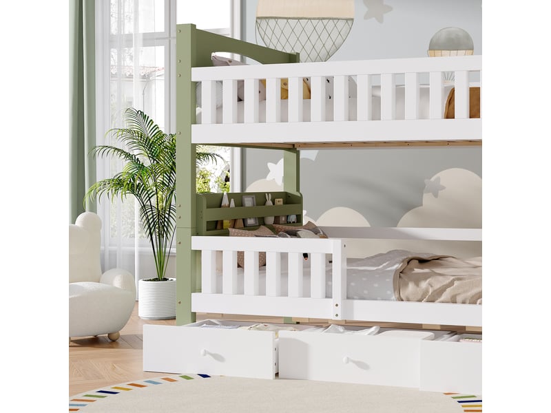  Lit superposé enfant 90 x 200 cm en bois, blanc et vert, avec échelle, barrière de sécurité surélevée, étagère latérale et 3 tiroirs  - Conforama D