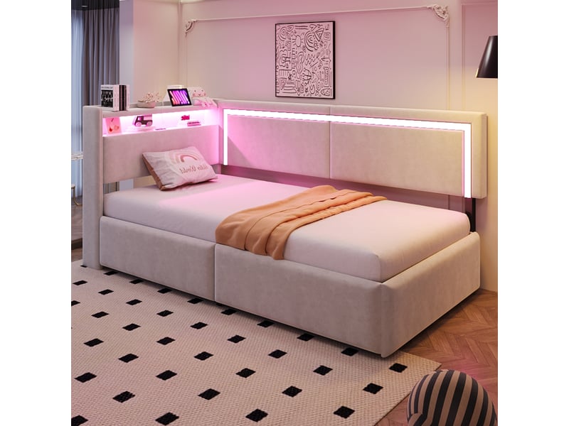  Lit simple à vérins avec éclairage led et port usb, canapé-lit rembourré 90x200 cm avec tête de lit en velours, beige, lit enfant  - Conforama D