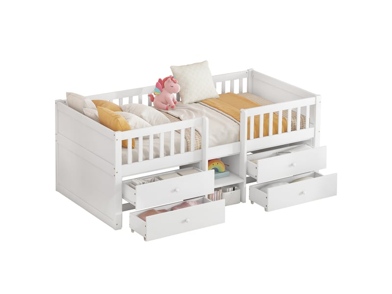  Lit enfant 90x200 cm mi-haut avec 4 tiroirs et échelle, pin et mdf, blanc, sans matelas  - Conforama A