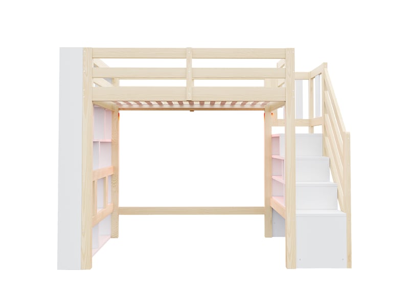 Lit mezzanine enfant 90x200 cm naturelblanc avec escalier rangement, étagères, garde-corps et led Fay Lum - Conforama D
