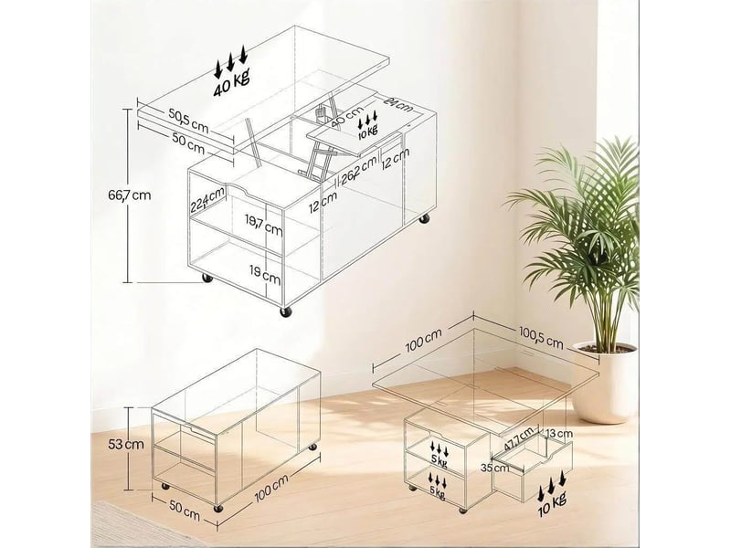  Table basse relevable tcqpz 50,5 x 100 x 53 cm avec roulettes verrouillables, rangement intégré, bois et métal, chêne clair  - Conforama C