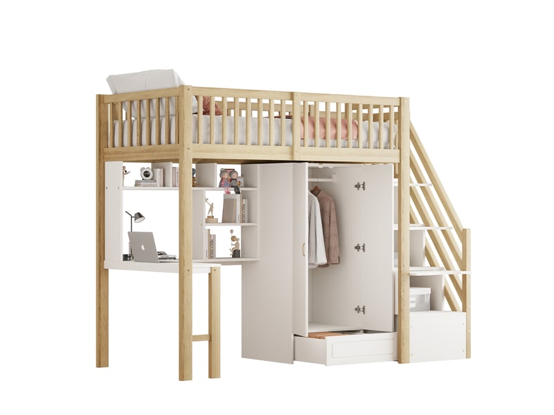  Lit mezzanine tcqpz 90 x 200 cm avec armoire, bureau, étagère et escalier de rangement blanc et bois naturel  - Conforama A