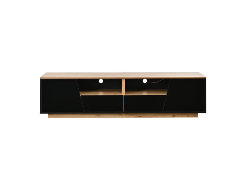  Meuble tv noir brillant et bois 180x40x46 cm - led intégrée, 2 tiroirs, 2 placards, pour tv jusqu'à 75 pouces  - Conforama A