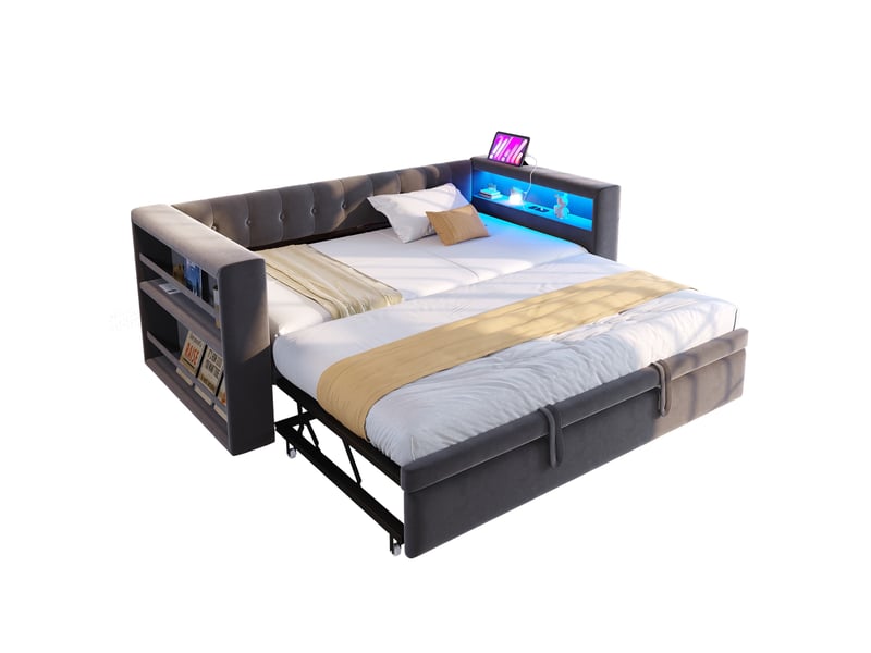  Canapé-lit multifonctionnel 90180x190 cm avec led, prises et rangement mdf bois gris foncé sans matelas  - Conforama A