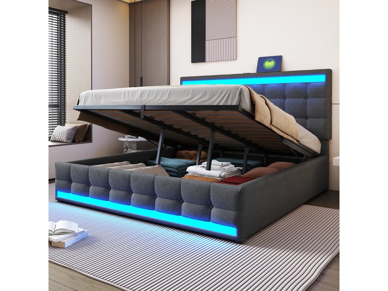  Lit capitonné 180x200 cm en lin gris, rangement hydraulique, led et usb, avec sommier  - Conforama E