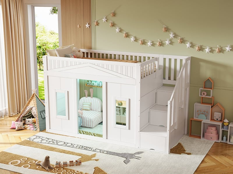  Lit mezzanine 90x200 cm en bois de pin avec escalier de rangement, éclairage led et barrières de sécurité, blanc  - Conforama B