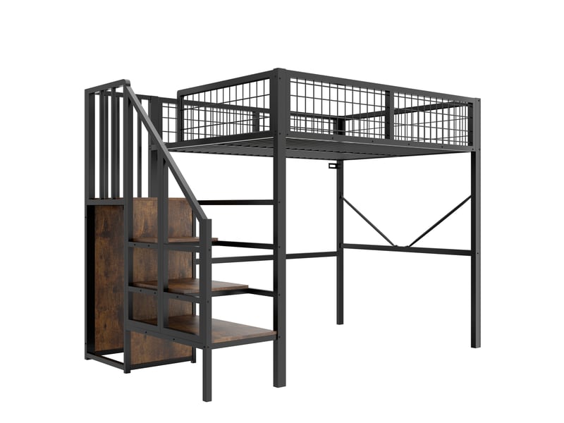  Lit mezzanine 140 x 200 cm avec led et escalier de rangement, lit double en métal noir avec penderie ouverte, rangements et garde-corps grillagé  - Conforama E