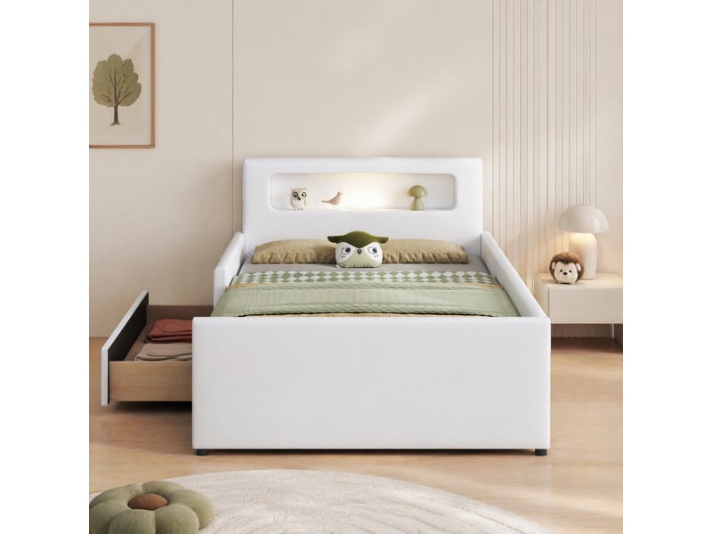  Lit enfant 90x200 cm avec rangement, veilleuse led et port usb, blanc  - Conforama B