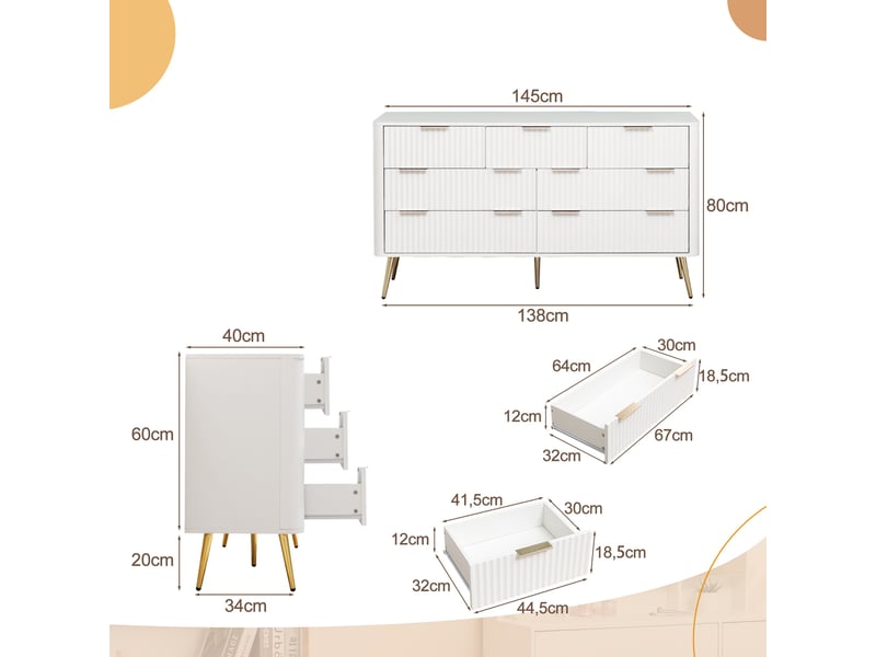 Commode 7 tiroirs, 145x40x80cm, grand meuble de rangement pour chambre et salon, buffet bas avec coulisses silencieuses et pieds surélevés, blanc - Conforama E