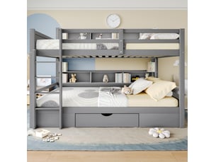 Lit superposé enfant 90x200 cm avec tiroir et rangements coloris gris