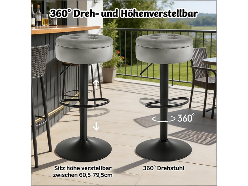  Tabouret de bar pivotant avec rangement - lpospi - hauteur réglable, velours et métal, gris clair, 39 × 39 × 79,5 cm  - Conforama E