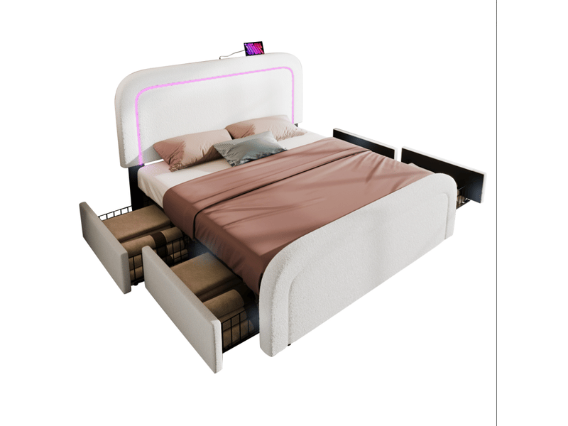  Lit double 160x200 cm avec usb type c, led et 4 tiroirs, blanc, sans matelas  - Conforama A