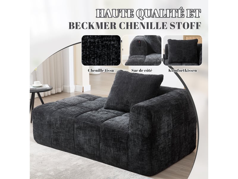  Méridienne fixe en chenille noire 158x90x60 cm avec coussin et poches latérales, sans montage, salon chambre 158x90x60cm - Conforama D