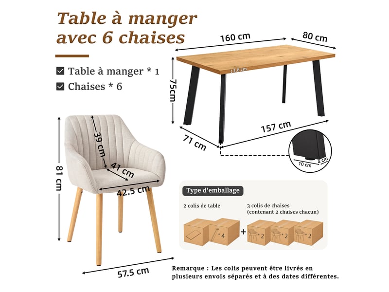  Ensemble table et 6 chaises - table rectangulaire 160x80 cm monobloc en chêne sauvage et pieds métal, 6 chaises en tissu beige et pieds bois  - Conforama C