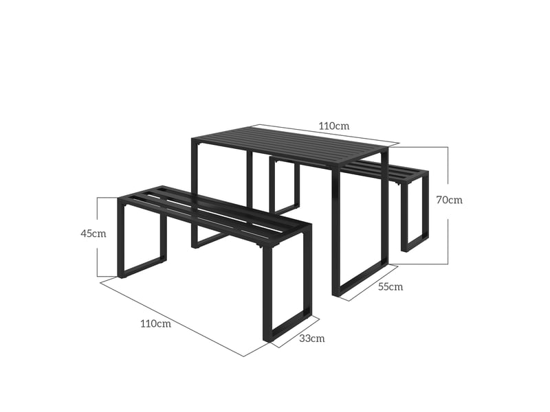  Salon de jardin 3 pièces d'extérieur 110 x 55 x 70 cm noir en métal, table et 2 bancs pour 4 personnes  - Conforama C