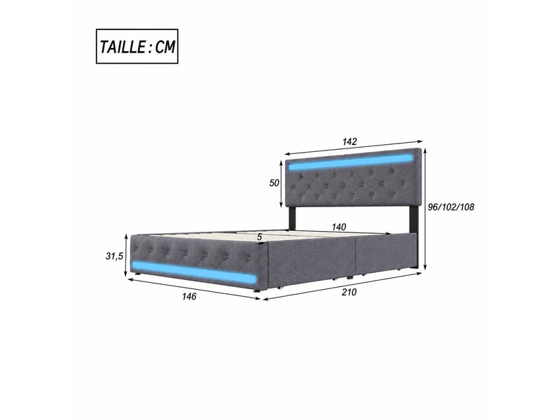  Lit double 140x200 avec 4 tiroirs, éclairage led et usb, tissu de lin gris foncé  - Conforama C