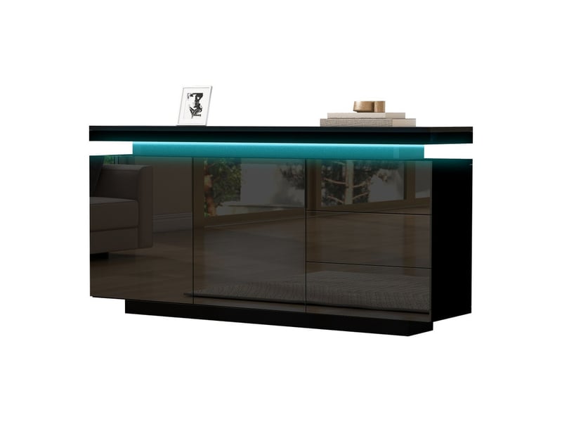  Buffet contemporain pour salon, deux portes et trois tiroirs, armoire haute, coiffeuse, finition brillante, avec éclairage led, noir  - Conforama A