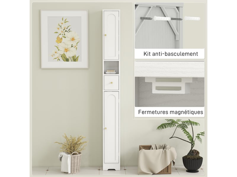  Meuble colonne salle de bain, meuble de rangement, 2 portes, tiroir, compartiment ouvert, blanc, étagère réglable  - Conforama W
