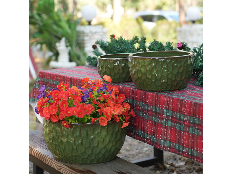  Lot de 3 pots de fleurs en céramique 38,1x30,5x25,4 cm motif marteau vert antique  - Conforama E