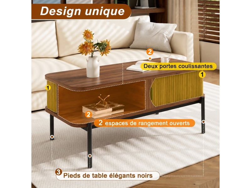  Table basse moderne effet noyer avec rangement et portes coulissantes rainurées, 100 x 45 x 43 cm  - Conforama E