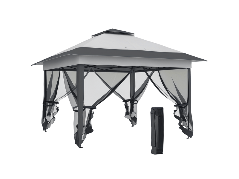  Tonnelle barnum pop-up pliant acier polyester moustiquaires sac transport roulettes gris  - Conforama A