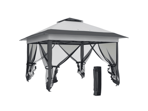 Tonnelle barnum pop-up pliant acier polyester moustiquaires sac transport roulettes gris