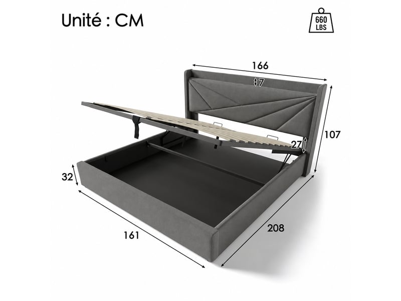Lit coffre 160x200 avec sommier, tête rembourrée usb et usb-c, tissu gris, sans matelas - Conforama C