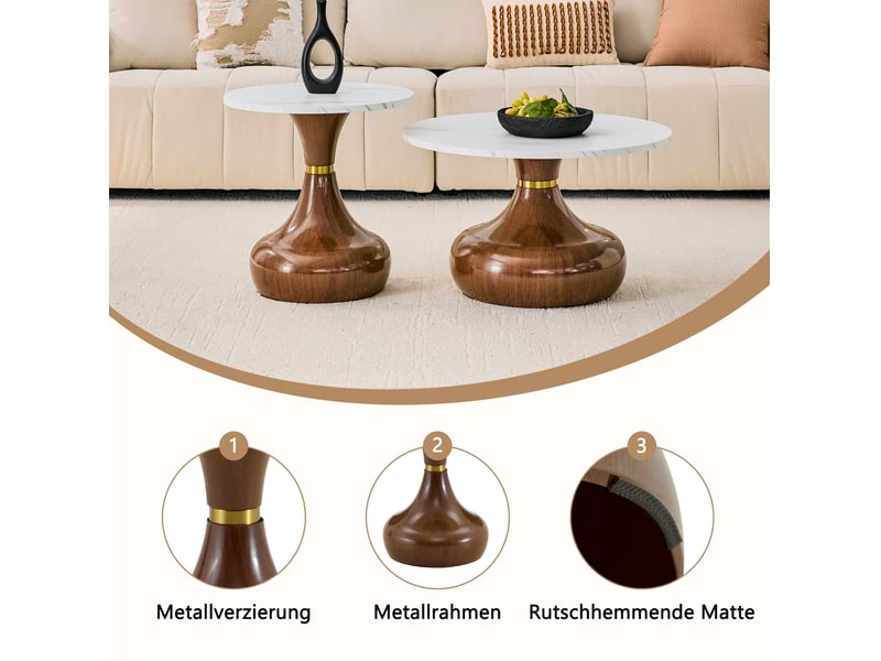  Lot de 2 tables basses rondes 70x42+50x51 cm, table d'appoint canapé, design empilable, marbre, métal, noyer et blanc  - Conforama E