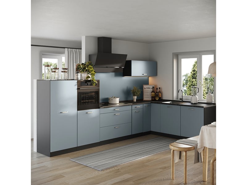 Vicco cuisine en angle, bleu-grisanthracite, 347 x cm plan de travail chêne doré  - Conforama C