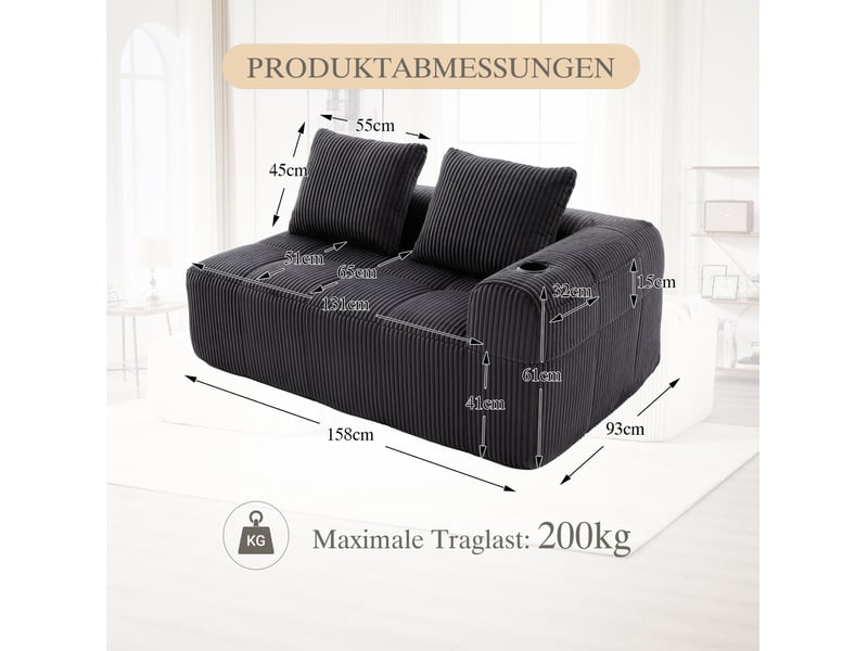  Canapé 2 places 158 x 93 x 61 cm, velours côtelé gris foncé, poches latérales, porte-gobelets, système de ressorts  - Conforama C