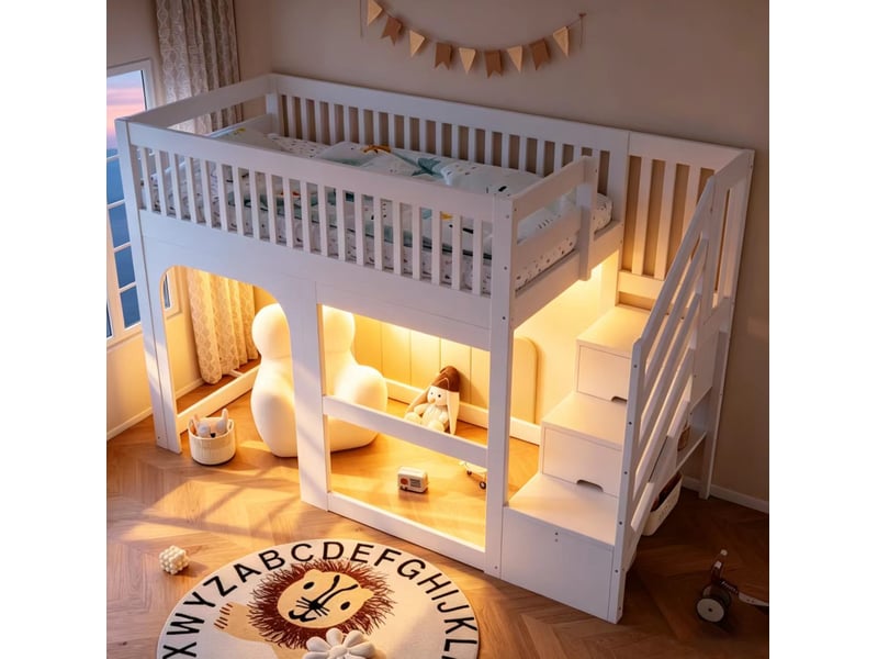  Lit mezzanine enfant 90 × 200 cm 1 place avec escalier de rangement, led et barrières, sans matelas, bois blanc  - Conforama C