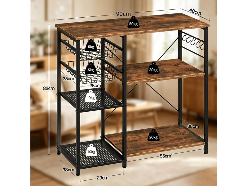 Meuble de rangement cuisine 90x40x82 cm ouvert avec paniers et crochets, panneau de particules et métal, noir et marron - Conforama E