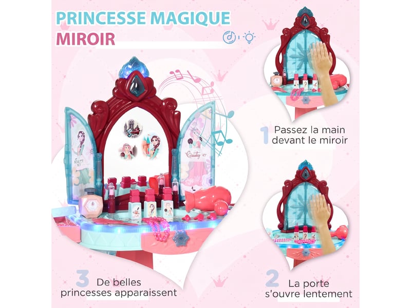  Coiffeuse enfant fille avec miroir magique, musique, plateaux, tiroir et accessoires, 3-6 ans, 57x34x76cm, multicolore  - Conforama D