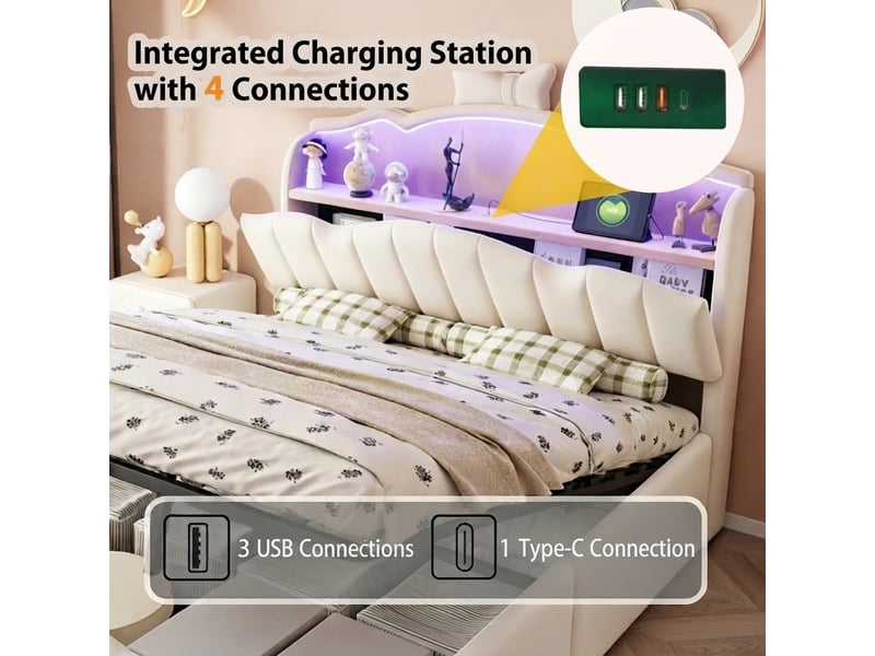 Lit jeune, 140x200 cm, éclairage led, ports de charge, en métal, beige cao-LDU00587AAA-conf-NEW - Conforama W