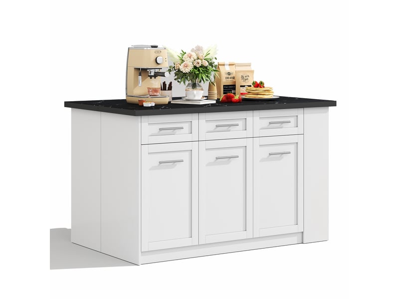  Îlot central avec table escamotable blanc, plan de travail effet marbre, rangement intégré, 150x90x90cm  - Conforama D