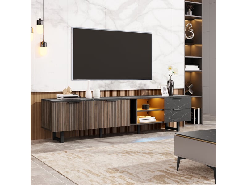  Meuble tv 200 x 38 x 50 cm rangement led couleurs 2 portes 2 tiroirs 2 niches pieds 15 cm mdf noir veinage bois foncé  - Conforama D
