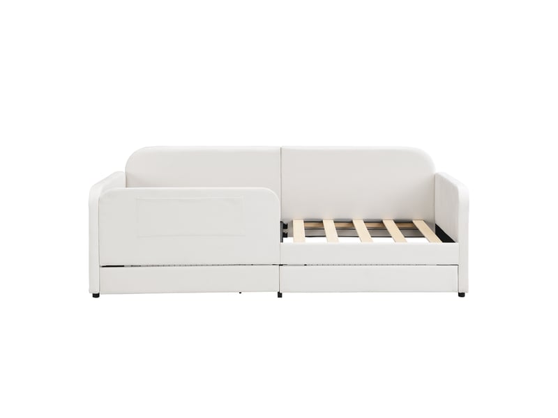  Lit cododo enfant 90x200cm, lit rembourré banquette avec barrière de sécurité et 2 tiroirs de rangement, velours et métal style moderne, blanc  - Conforama D