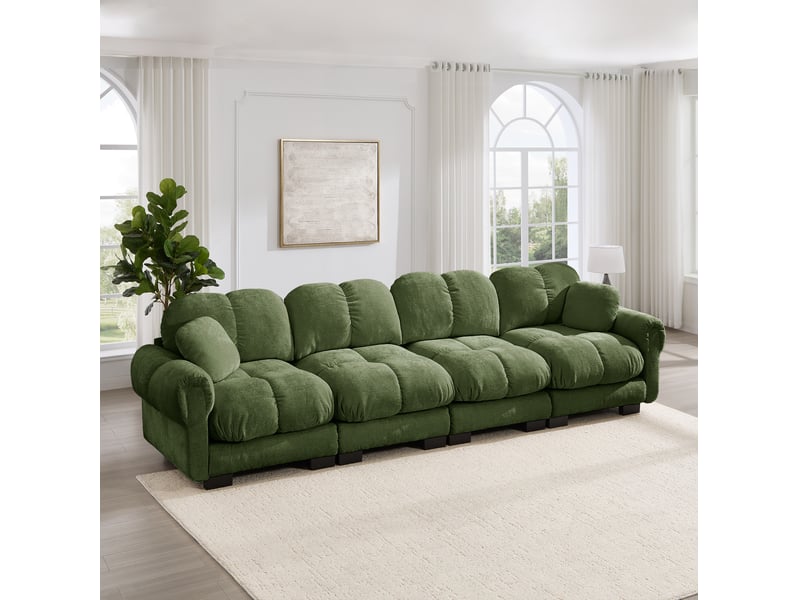  Canapé modulable modenvie 4 places vert en tissu chenille 330 x 86 x 90 cm avec assises matelassées  - Conforama E