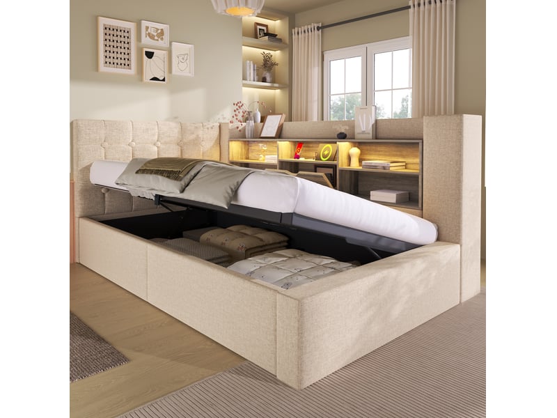  Lit coffre adulte 90x200 cm – beige – led, ports usb, tête de lit réversible et matelas h3 20 cm inclus  - Conforama B