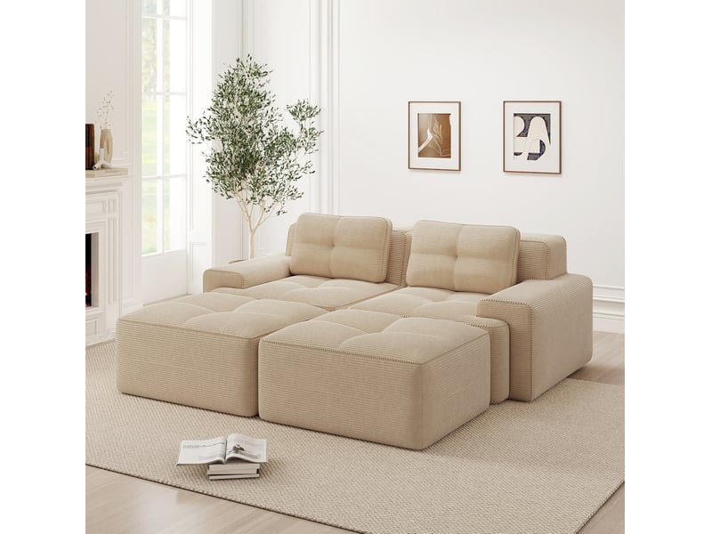 Canapé modulable 2 pl 204x177x69cm, canapé sous vide avec poufs, assise généreuse, pièce de salon, velours côtelé, beige - Conforama D