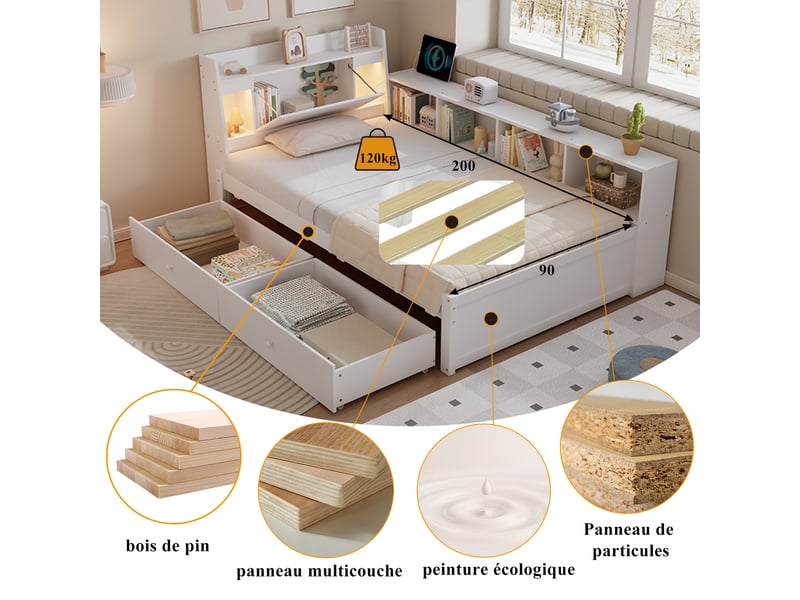  Lit avec rangement 90x200cm coloris blanc pin et mdf lit enfant blanc - Conforama E