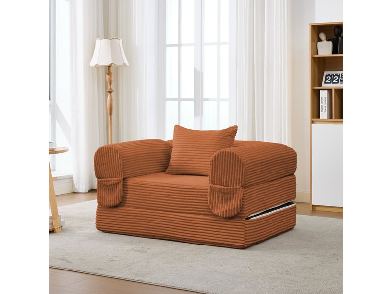  Fauteuil convertible 1 place en lit sans montage  - coussin inclus, velours côtelé - orange  - Conforama C
