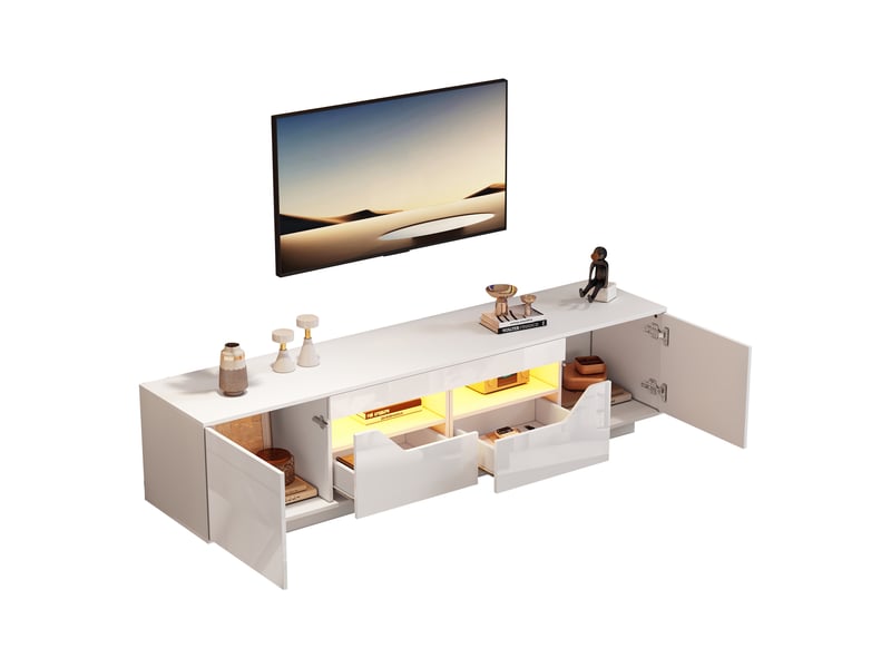  Meuble tv led avec 2 portes 2 tiroirs et 2 niches semi-ouvertes, finition brillante, blanc, 180 × 40 × 45 cm  - Conforama D