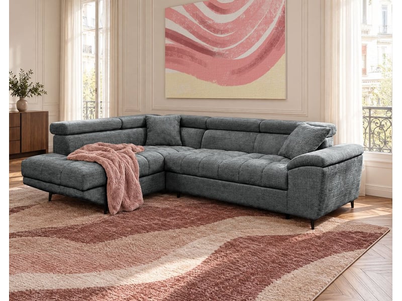  Camille - canapé d'angle gauche 5 places convertible avec têtières et coffre en velours texturé - best mobilier - gris anthracite CAMILLE - Conforama B