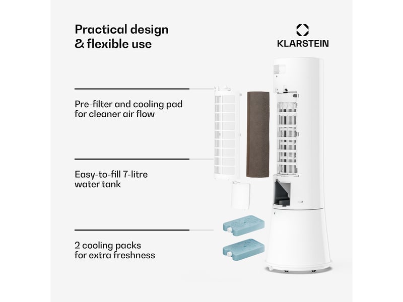 Klarstein frost rafraîchisseur d'air 200 m³h 7l 20 m² 2 packs de refroidissement 4 modes 45w blanc - Conforama E