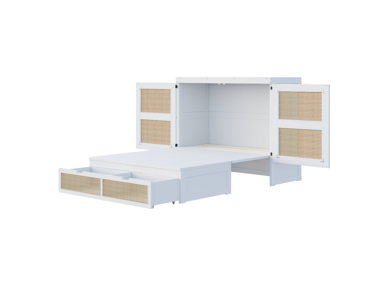  Lit armoire 140 x 200 cm en bois avec lattes, tiroirs et design rotin, blanc gain de place  - Conforama A