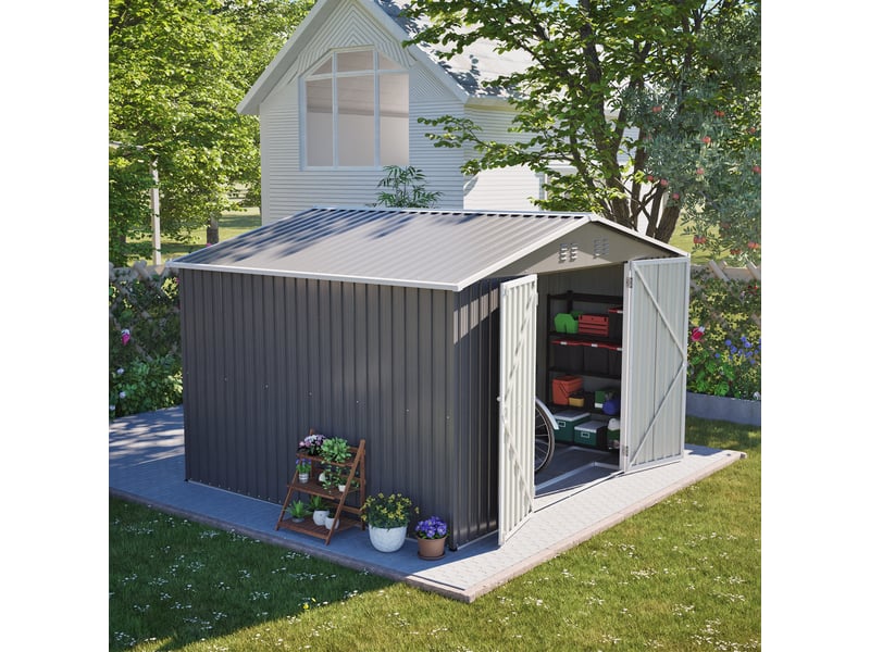Abri de jardin en métal 300 x 252 x 191 cm, grand rangement extérieur 6,91 m² avec double porte verrouillable, ventilation intégrée, gris Luxe haut de gamme - Conforama B
