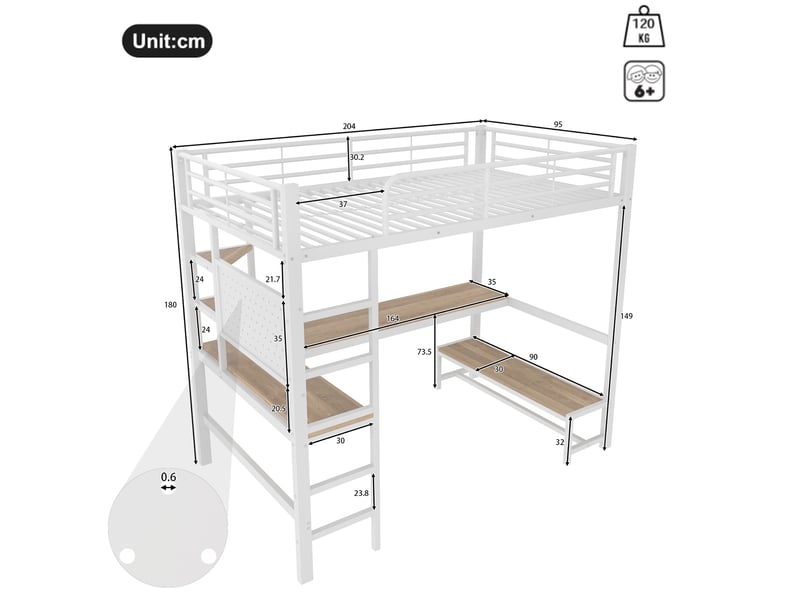  Lit mezzanine 90x200cm - lit haut en métal avec grand bureau, panneau perforé, led &amp; prises usbtype-c - blanc  - Conforama E